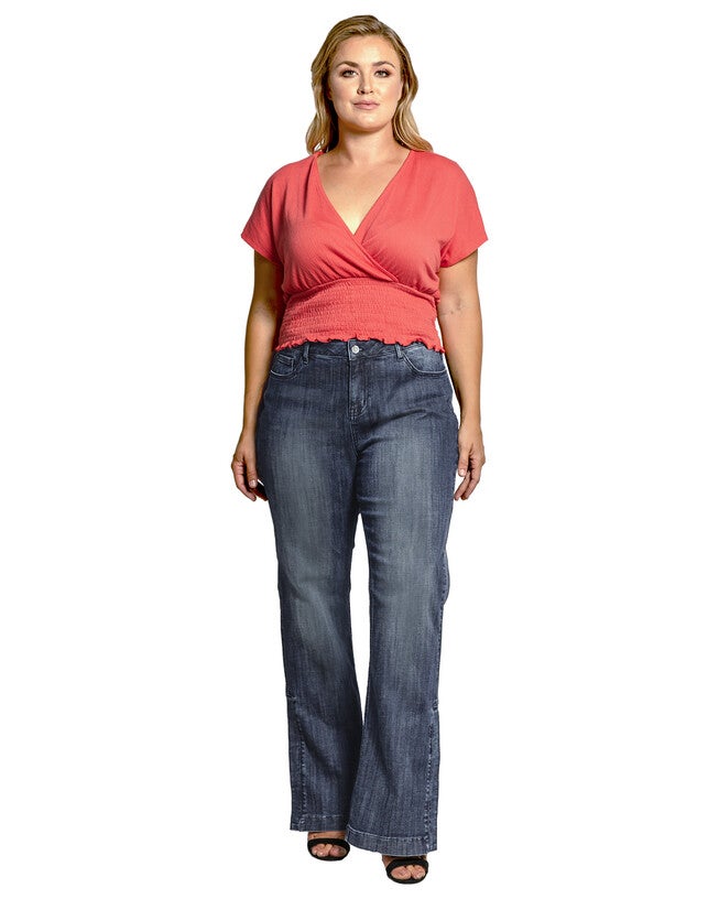 Rainie Light Hand-Sanded Plus Size Stretch Denim High-Waist Slit Hem Jeans Whisker Wash, Medium Blue Whisker / Medium Wash, alternate image number 2