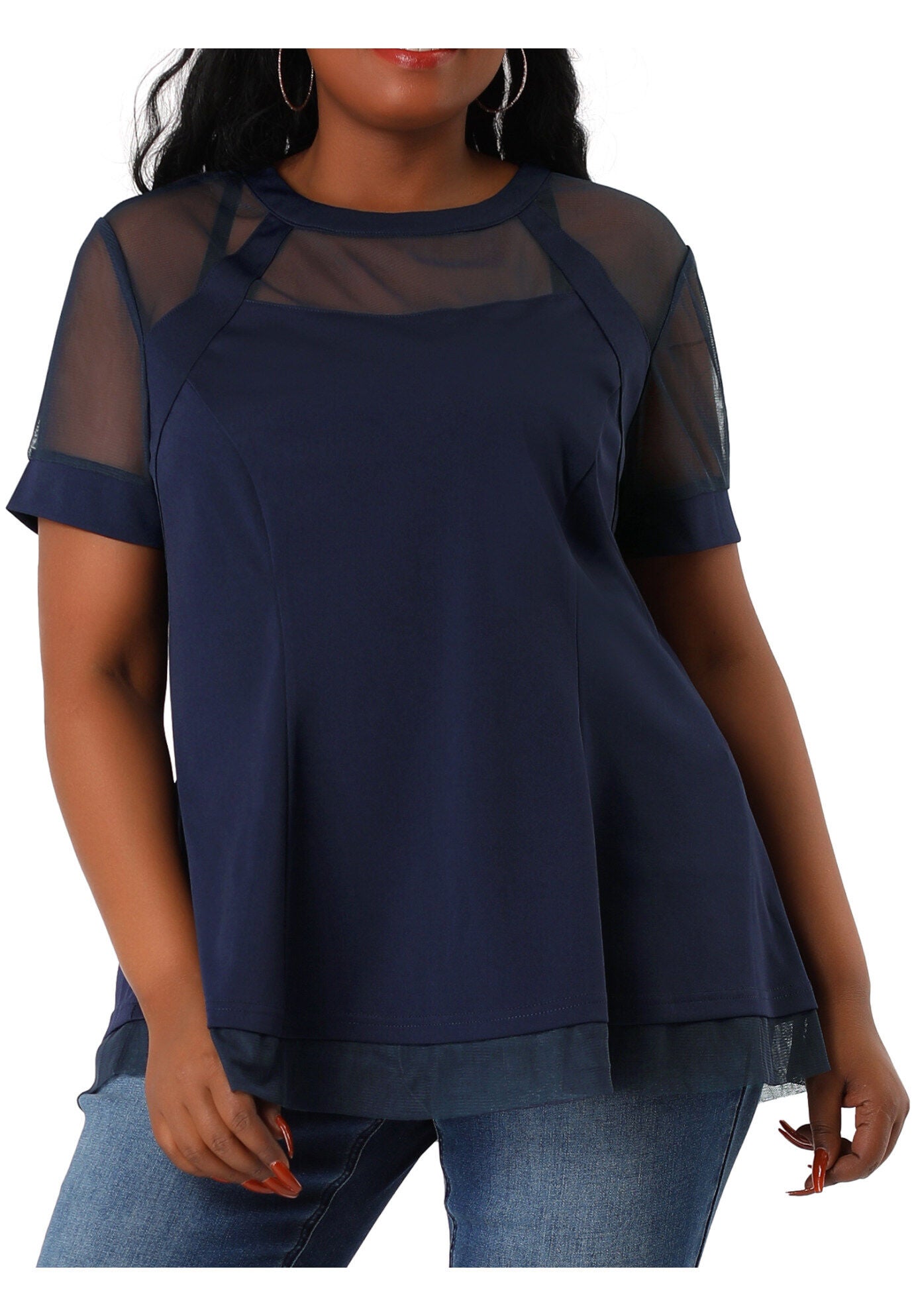 ROUND NECK SHORT SLEEVE MESH SHEER SUMMER PEPLUM TOP, Blue / Navy, alternate image number 2