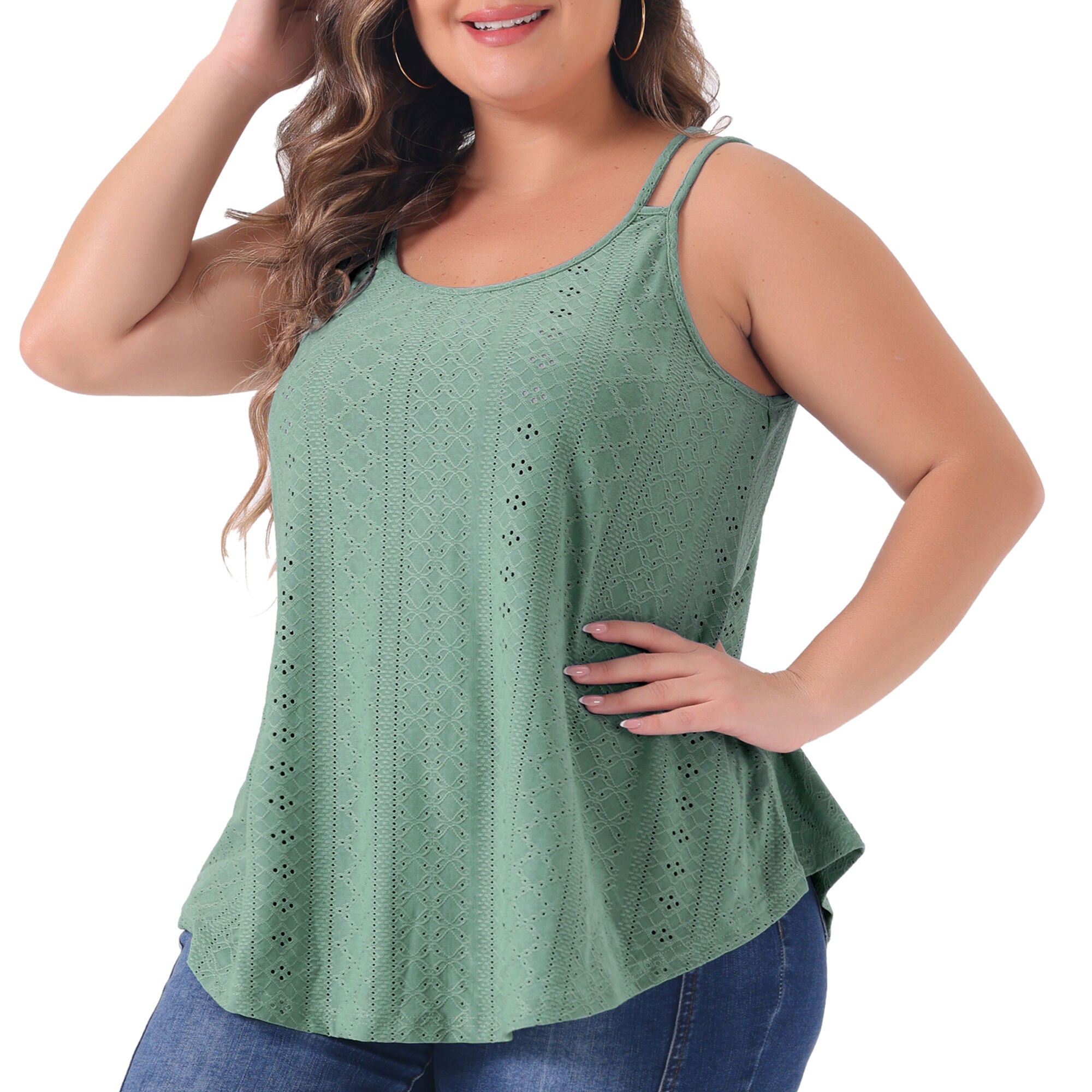 Eyelet Embroidery Sleeveless Spaghetti Strap Loose Fit Cami Tank Top, Gray Green / Light Green, alternate image number 1