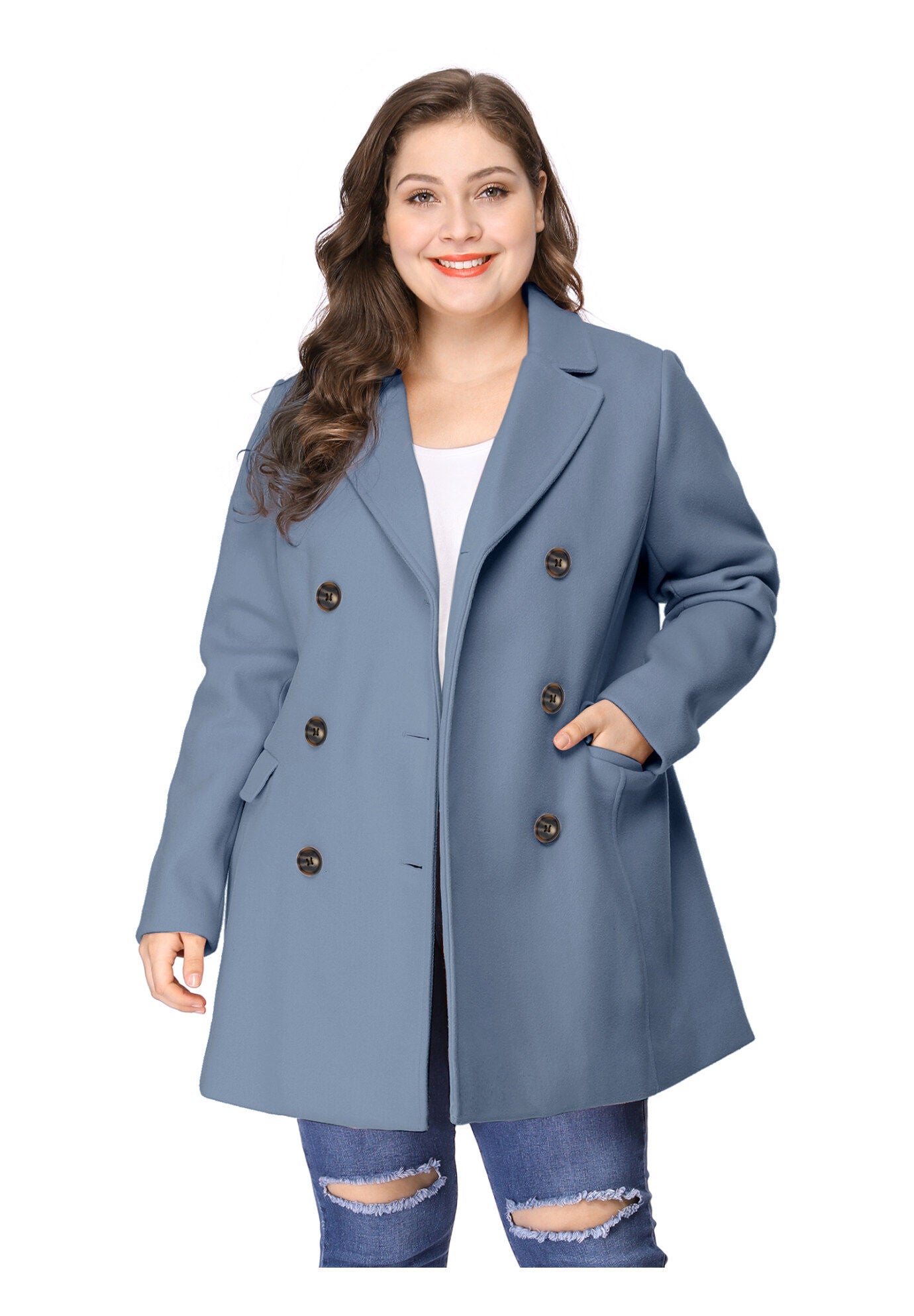NOTCHED LAPEL DOUBLE BREASTED COAT, Light Blue / Light Blue, alternate image number 2