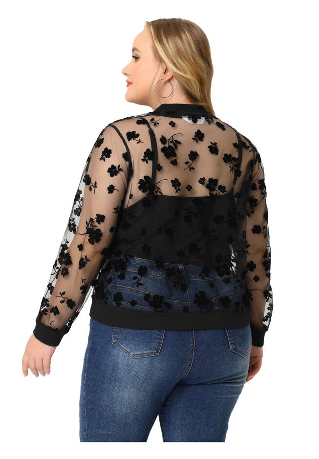 SHEER FLORAL LACE LONG SLEEVE BASEBALL JACKET, Black / Black, alternate image number 3