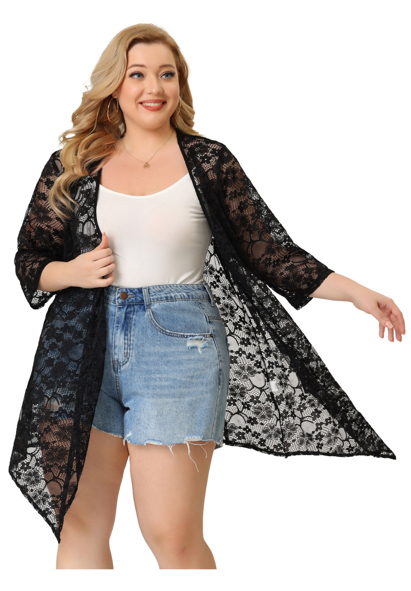 OPEN FRONT 3/4 SLEEVES CROCHET CARDIGAN COVER UP, Black / Black, alternate image number 3