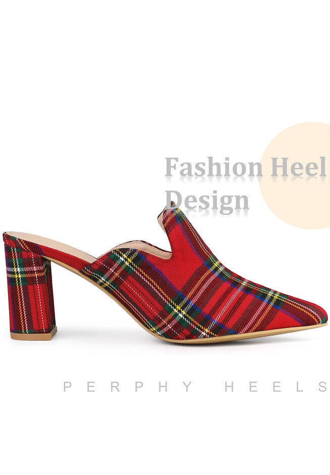 Pointed Toe Slip on Chunky Heels Houndstooth Slide Mules, Red Green / Red, alternate image number 3