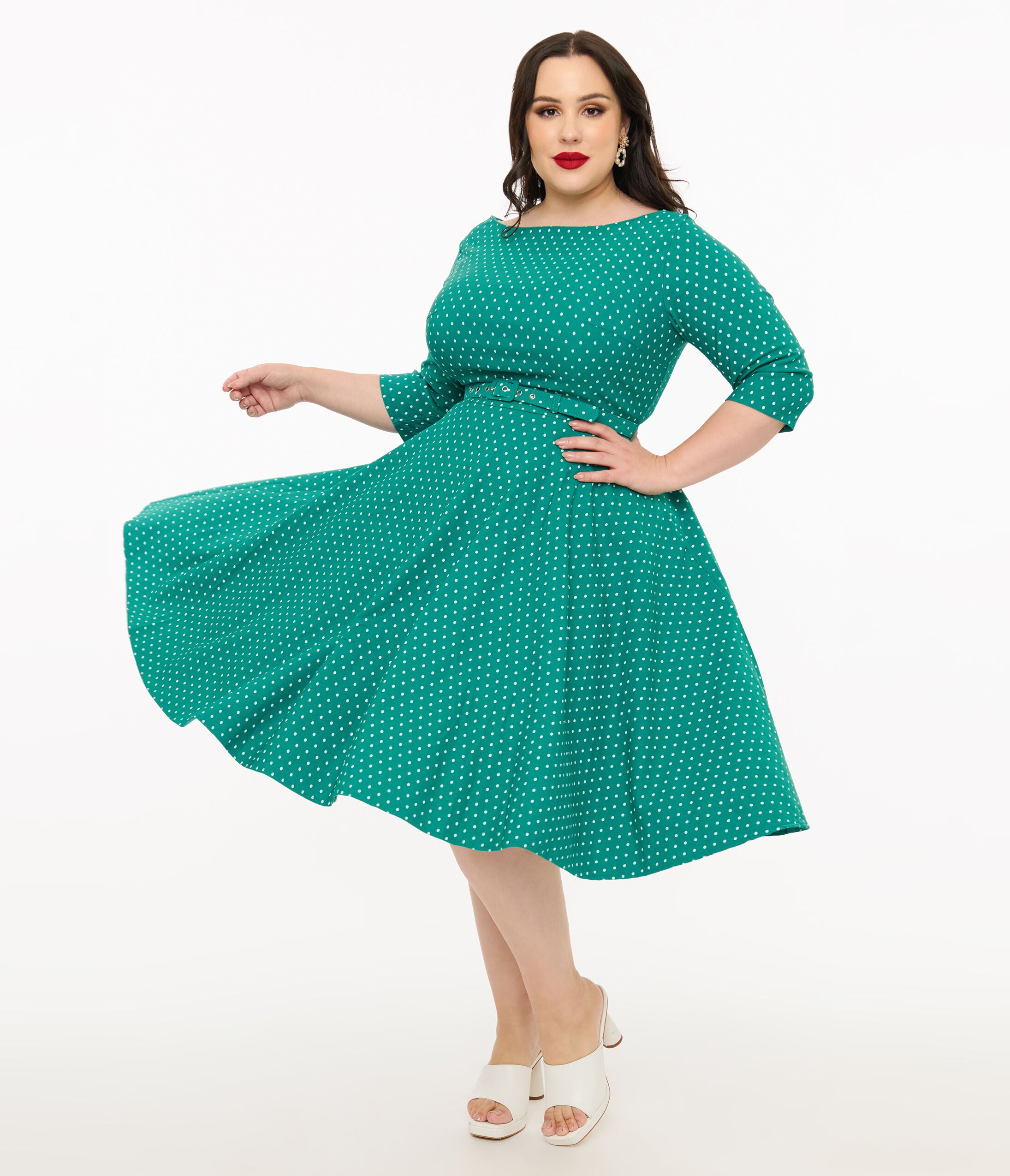 Unique Vintage Plus Size Teal & White Pin Dot Devon Swing Dress, Teal / Teal, hi-res image number 0
