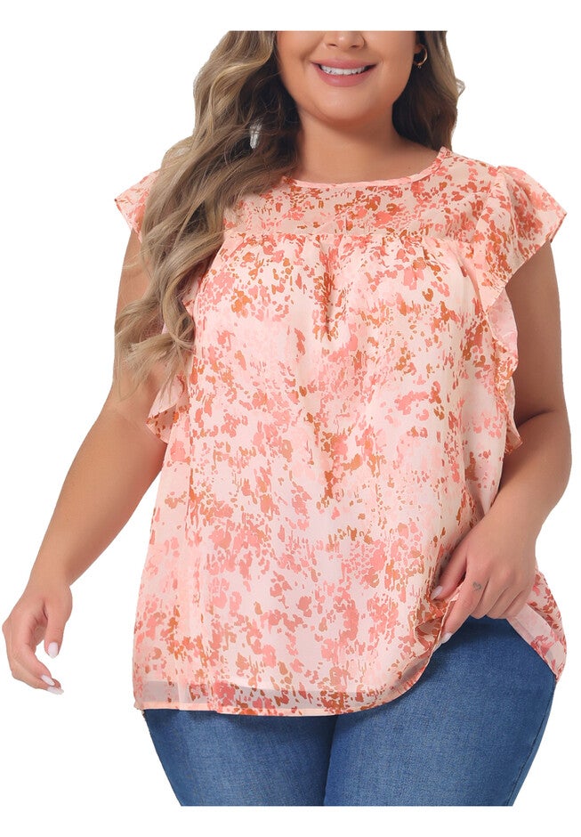 Ruffle Sleeve Keyhole Back Chiffon Blouse Top, Light Orange / Coral, alternate image number null