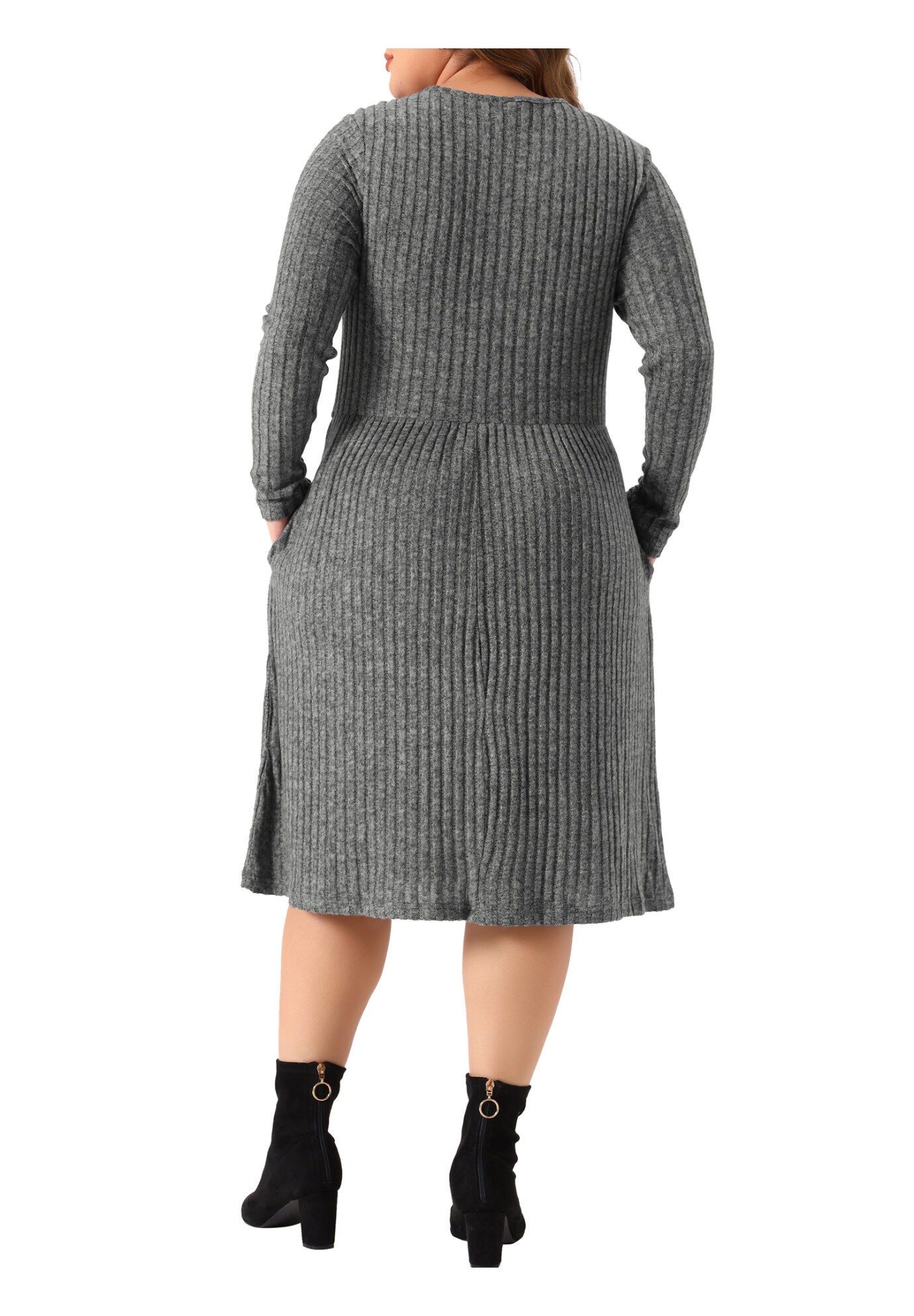 Round Neck Long Sleeve Elegant Ribbed Midi Knit Sweater Dress, Gray / Warm Grey, alternate image number 3
