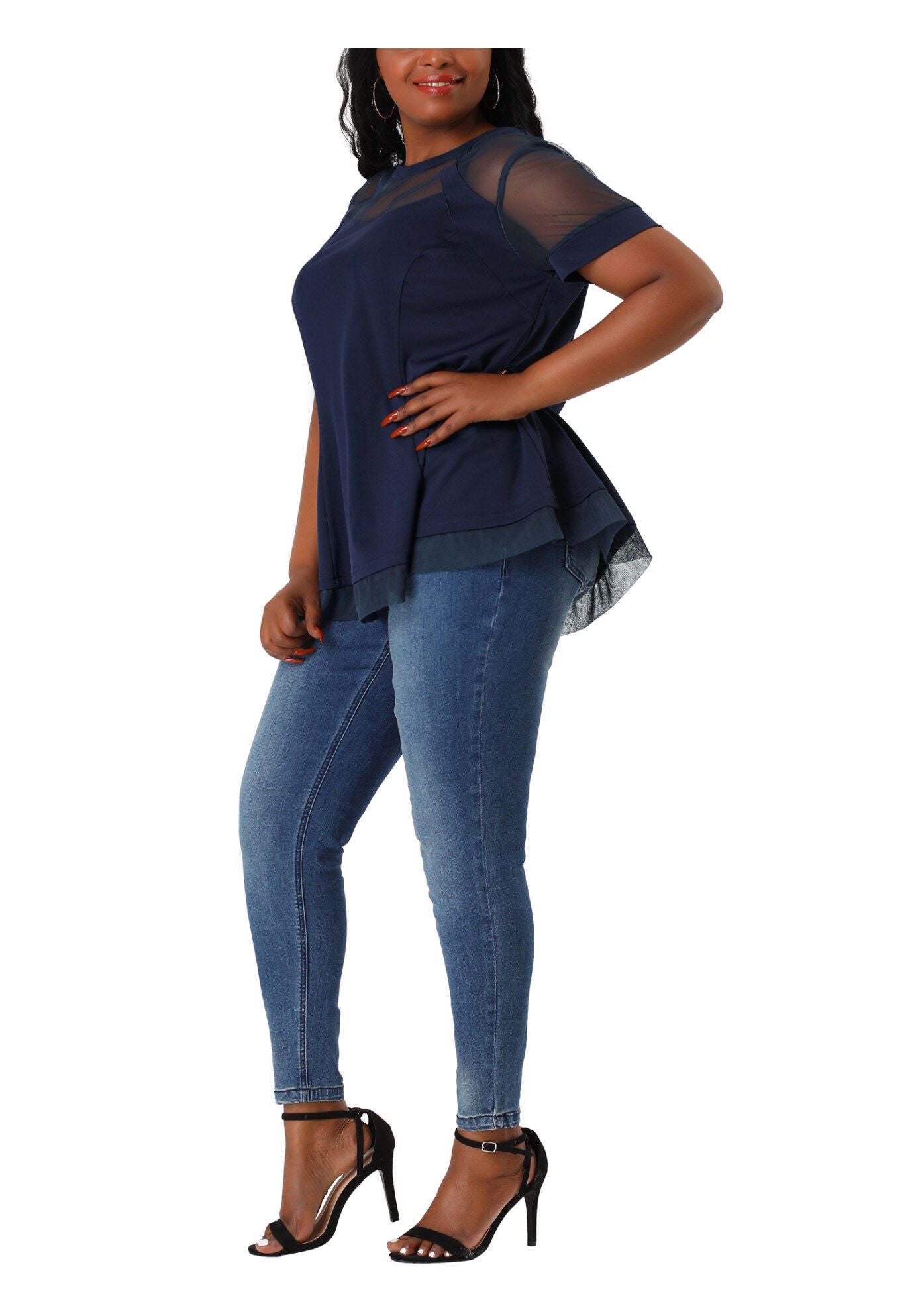 ROUND NECK SHORT SLEEVE MESH SHEER SUMMER PEPLUM TOP, Blue / Navy, alternate image number 1