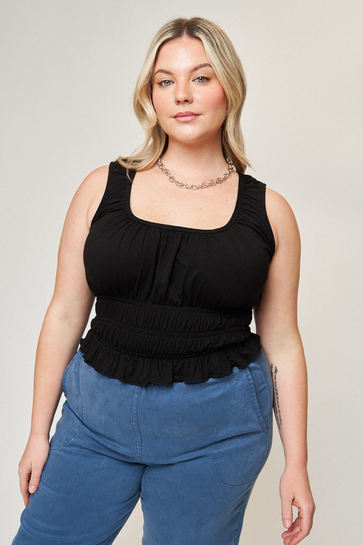 Molly Shirred Waist Top, Black / Black, hi-res image number 0