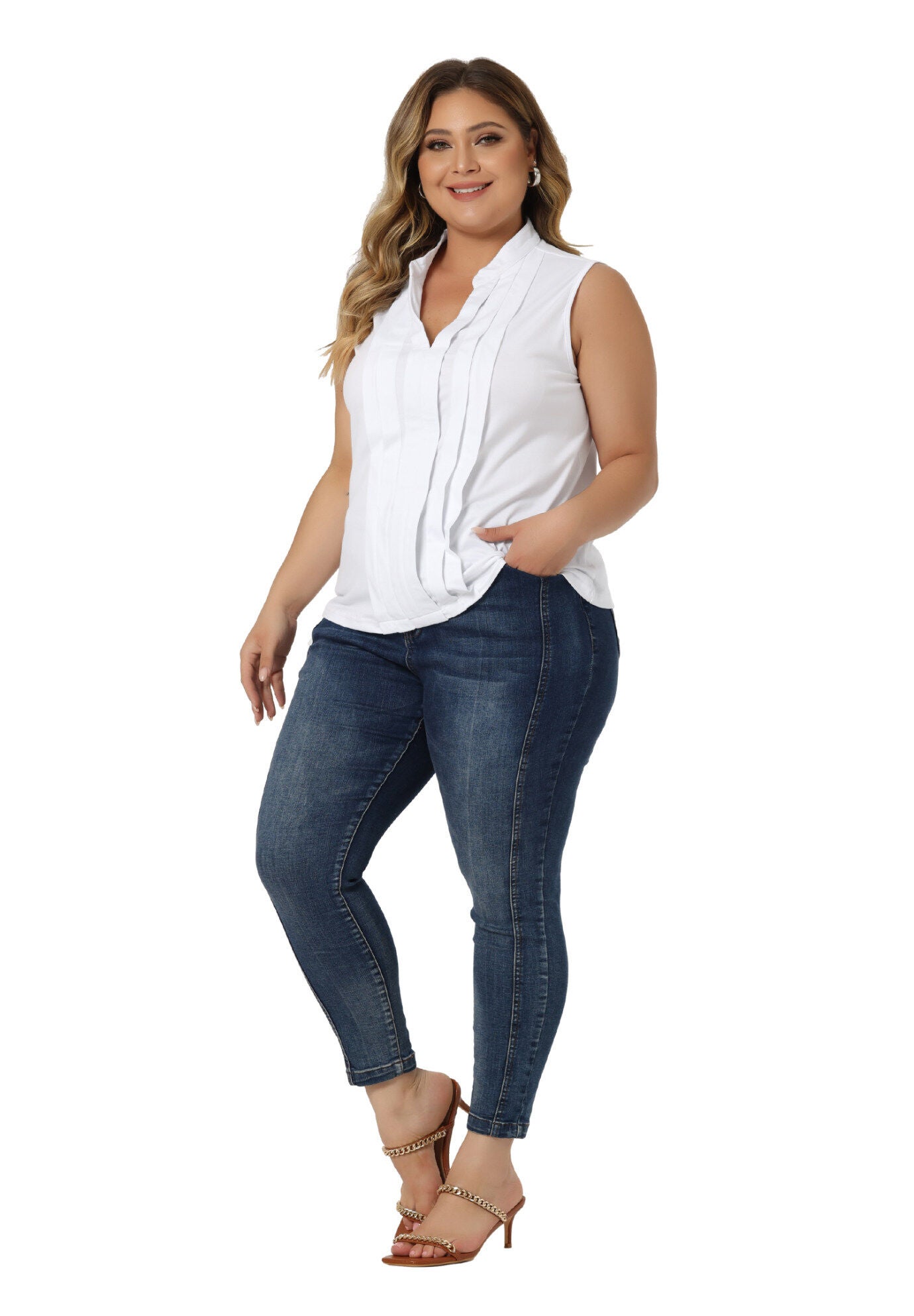 V Neck Sleeveless Pleated Summer Blouse Vest, White / White, alternate image number 1