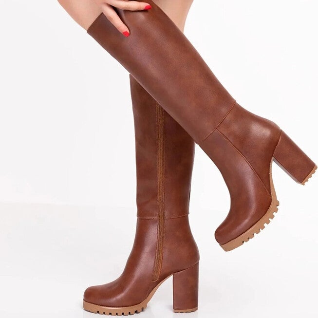 ALIZE - COGNAC BROWN WIDE CALF PLATFORM BOOTS, COGNAC BROWN / Brown, alternate image number 1