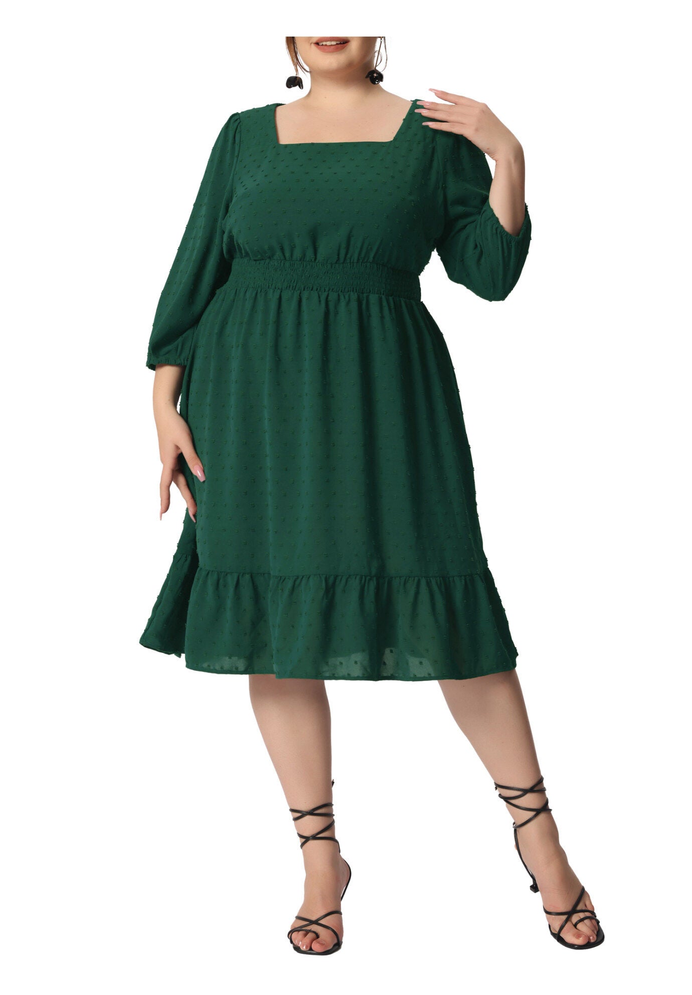 Swiss Dots Bohemian Square Neck Midi Chiffon Dress, Green / Forest Green, alternate image number 1