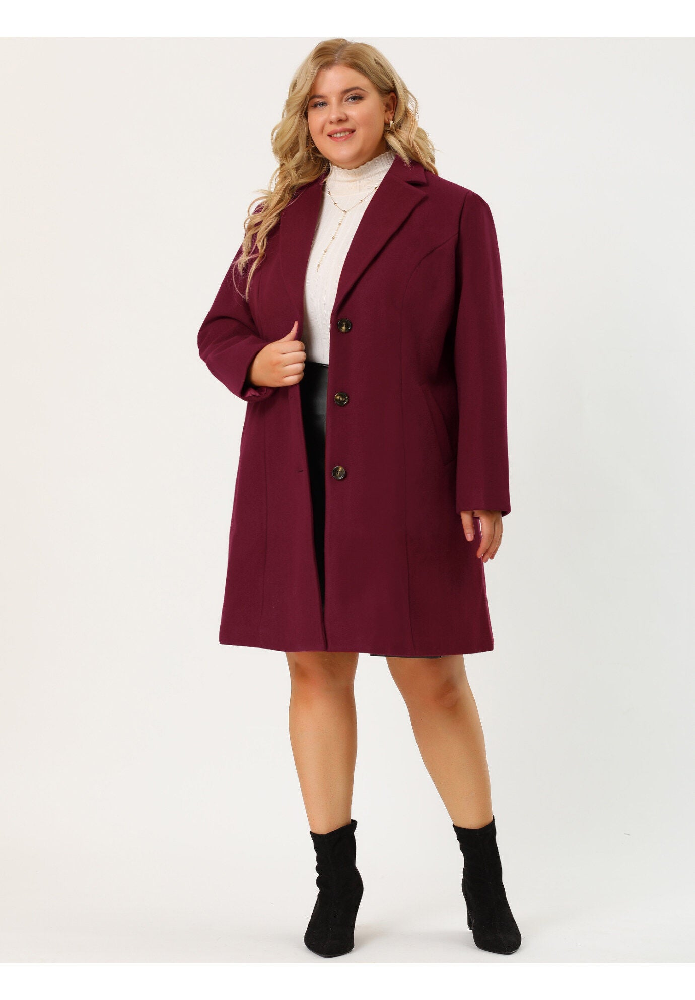 SINGLE BREASTED NOTCHED LAPEL LONG WINTER COAT, Wine Red / Red, alternate image number 1