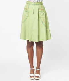 Unique Vintage Pistachio Green Patch Pocket Swing Skirt