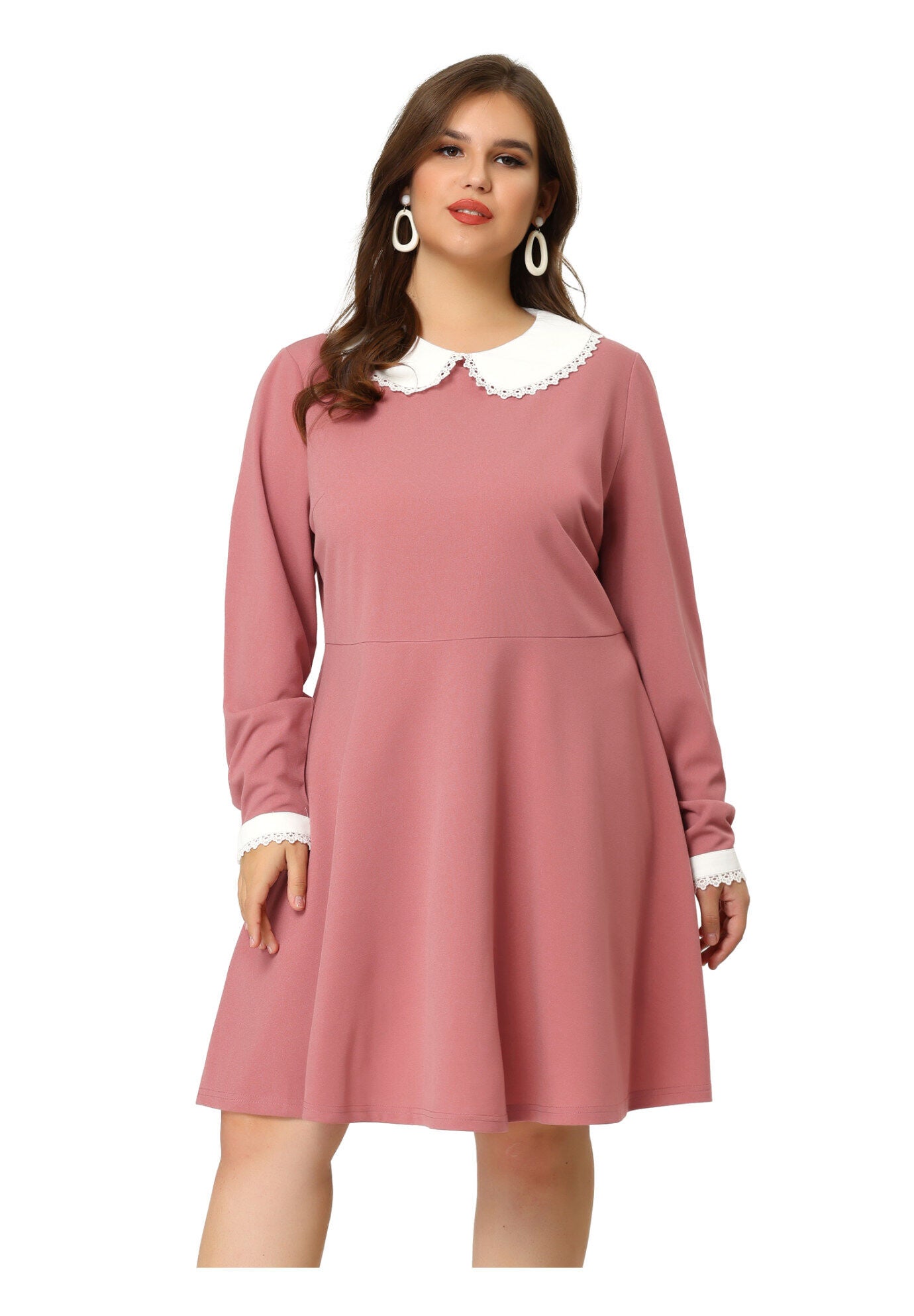 LONG SLEEVE DOLL PETER PAN COLLAR FLARE MIDI DRESS, Pink / Pink, alternate image number 1