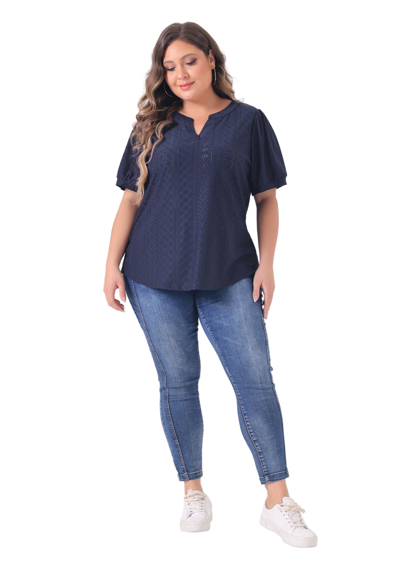 Hollow Casual V Neck Short Sleeve Summer Blouse, Navy Blue / Navy, hi-res image number 0