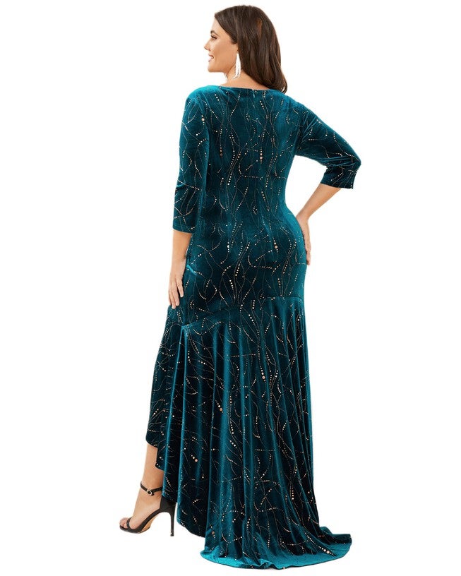 Women's Stylish Bodycon High-Low Velvet Party Dress, Teal / Teal, alternate image number 1