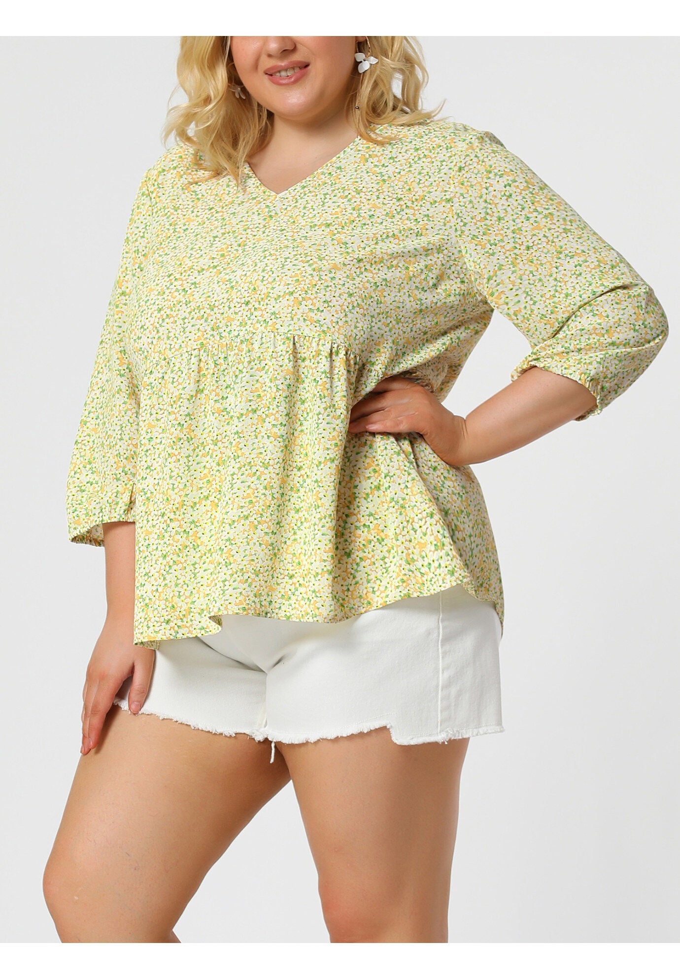 V Neck Babydoll Flowy 3/4 Lantern Sleeve Floral Blouse, Light Yellow / Light Yellow, alternate image number 2