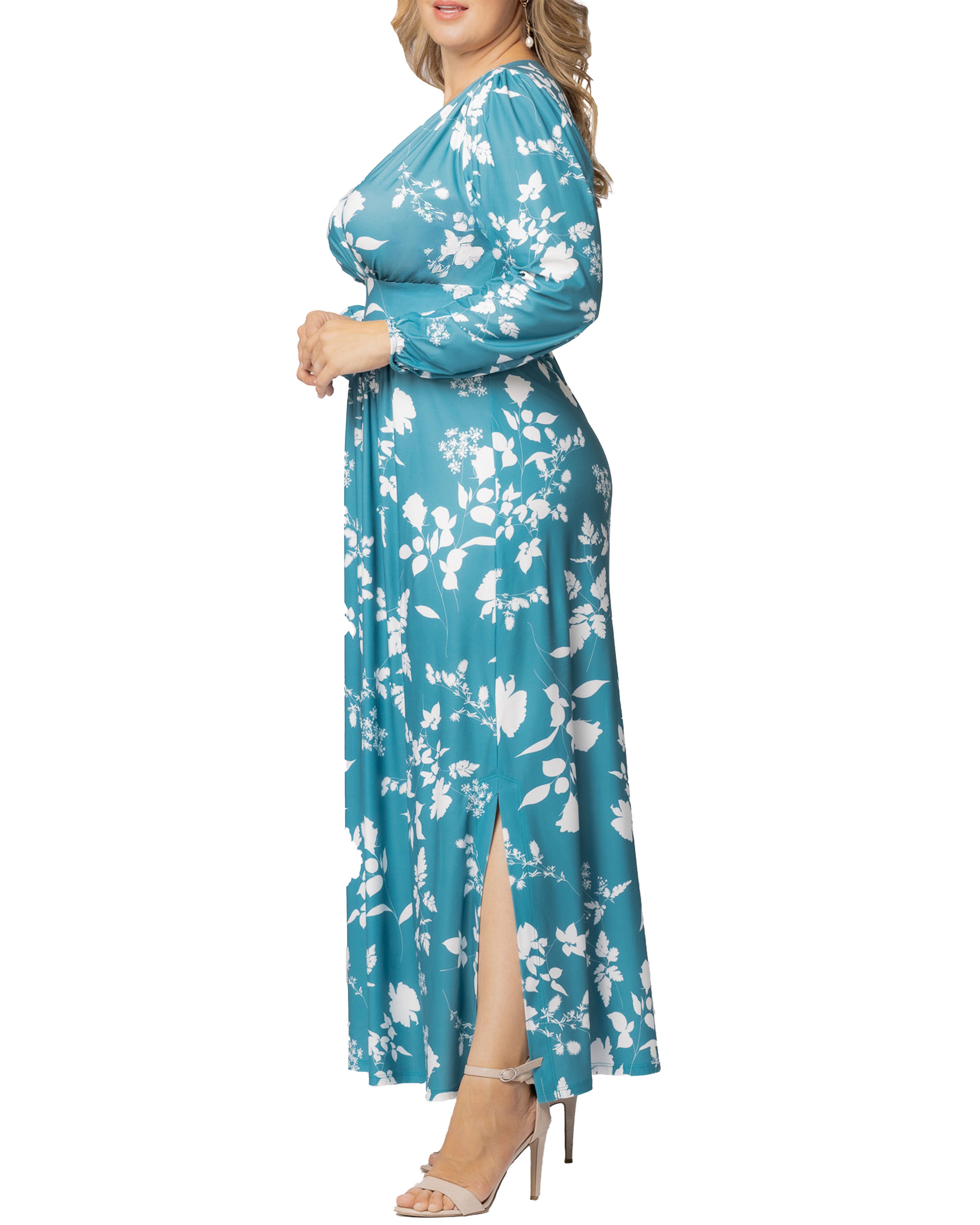 Kelsey Long Sleeve Maxi Dress, AQUA BLOOMS / Turquoise, alternate image number 3