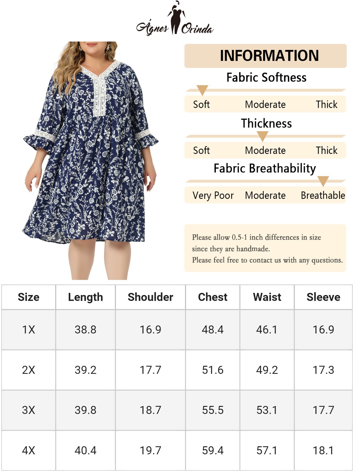 Vintage Lace Floral Ruffle V Neck 3/4 Sleeve Midi Babydoll Dress, Navy Blue / Navy, alternate image number 4