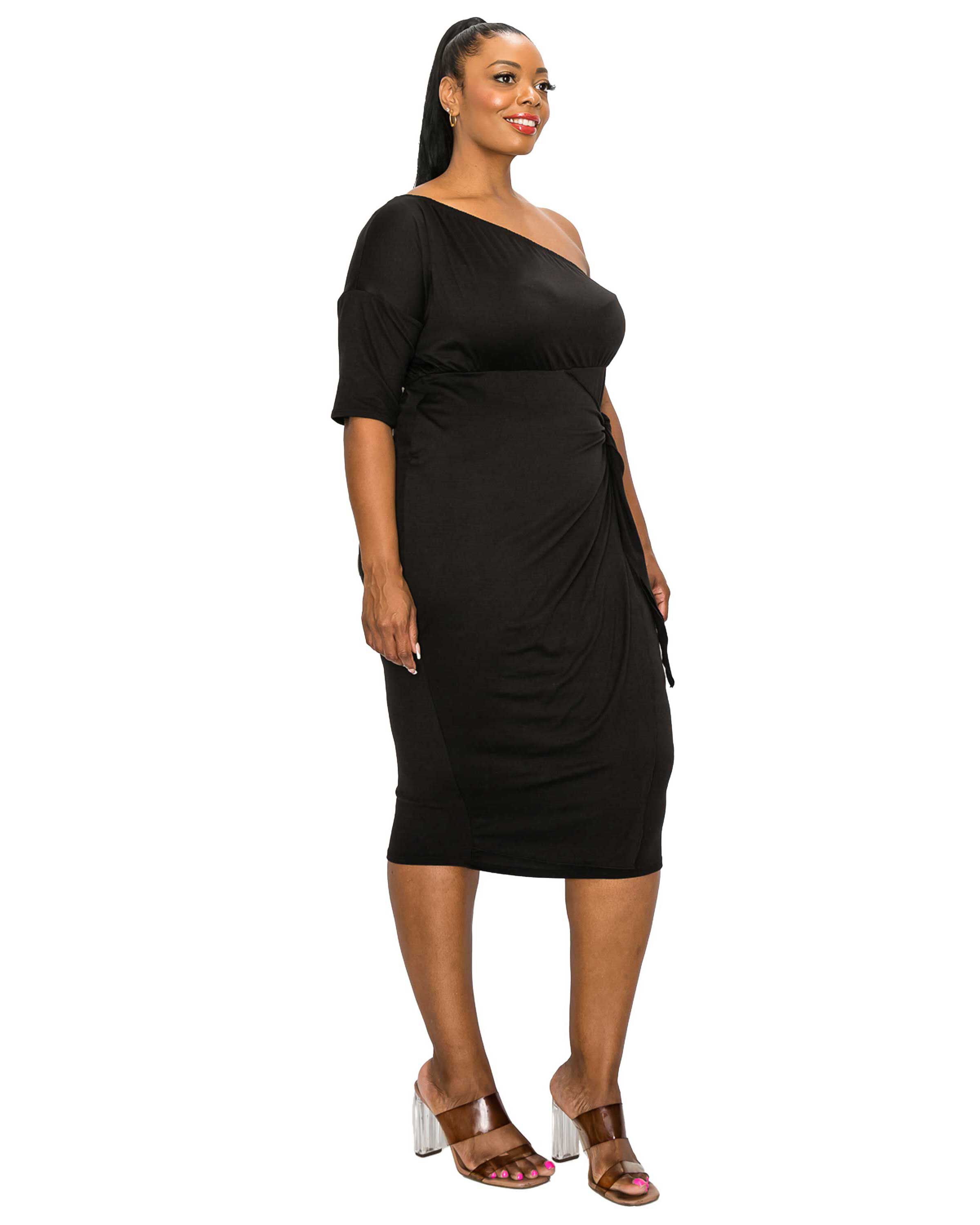 CHEYENNE ONE SHOULDER MIDI DRESS, Black / Black, alternate image number 1