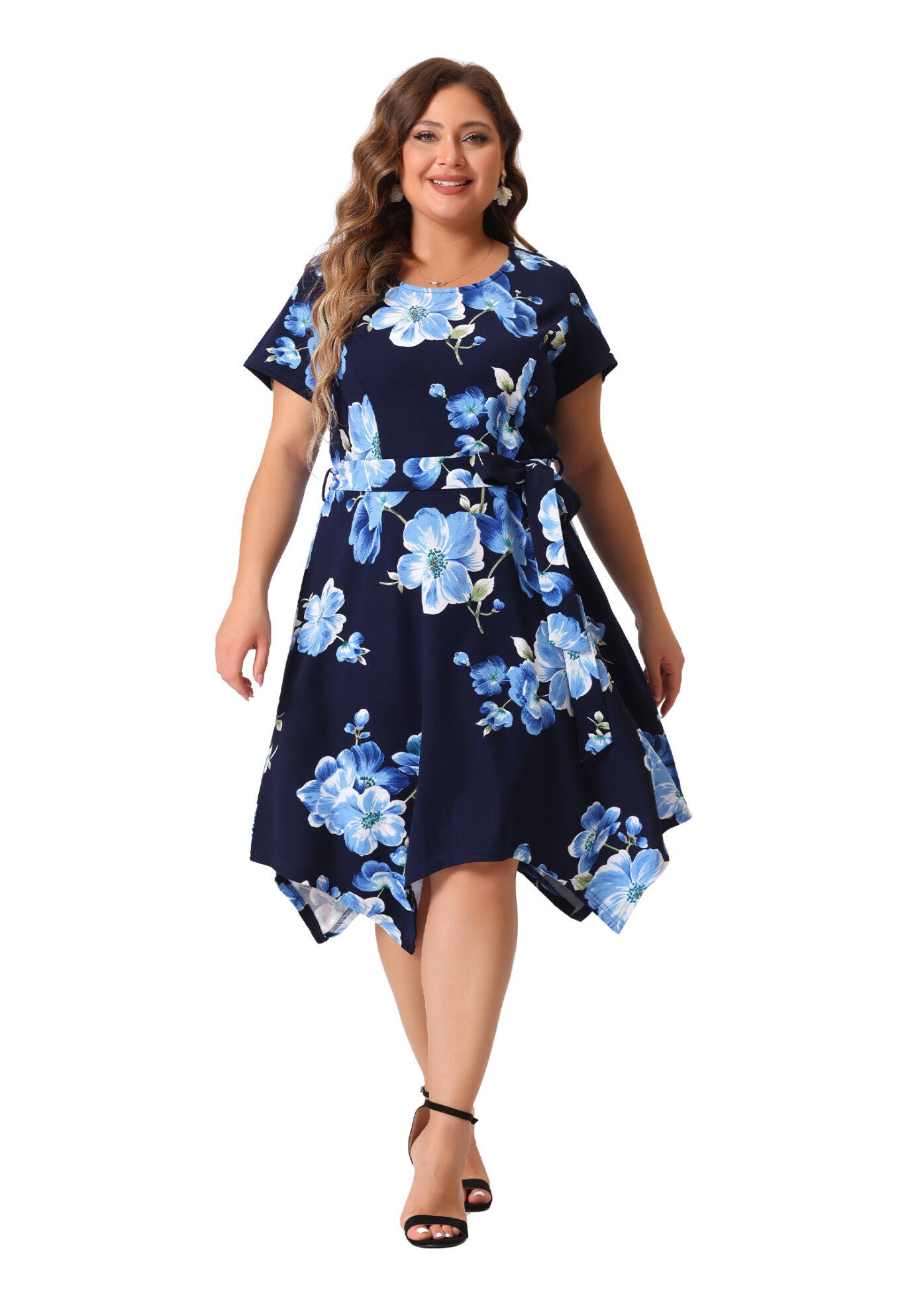 Printed Retro High Low Short Sleeves Dress, Blue White / Navy, hi-res image number 0