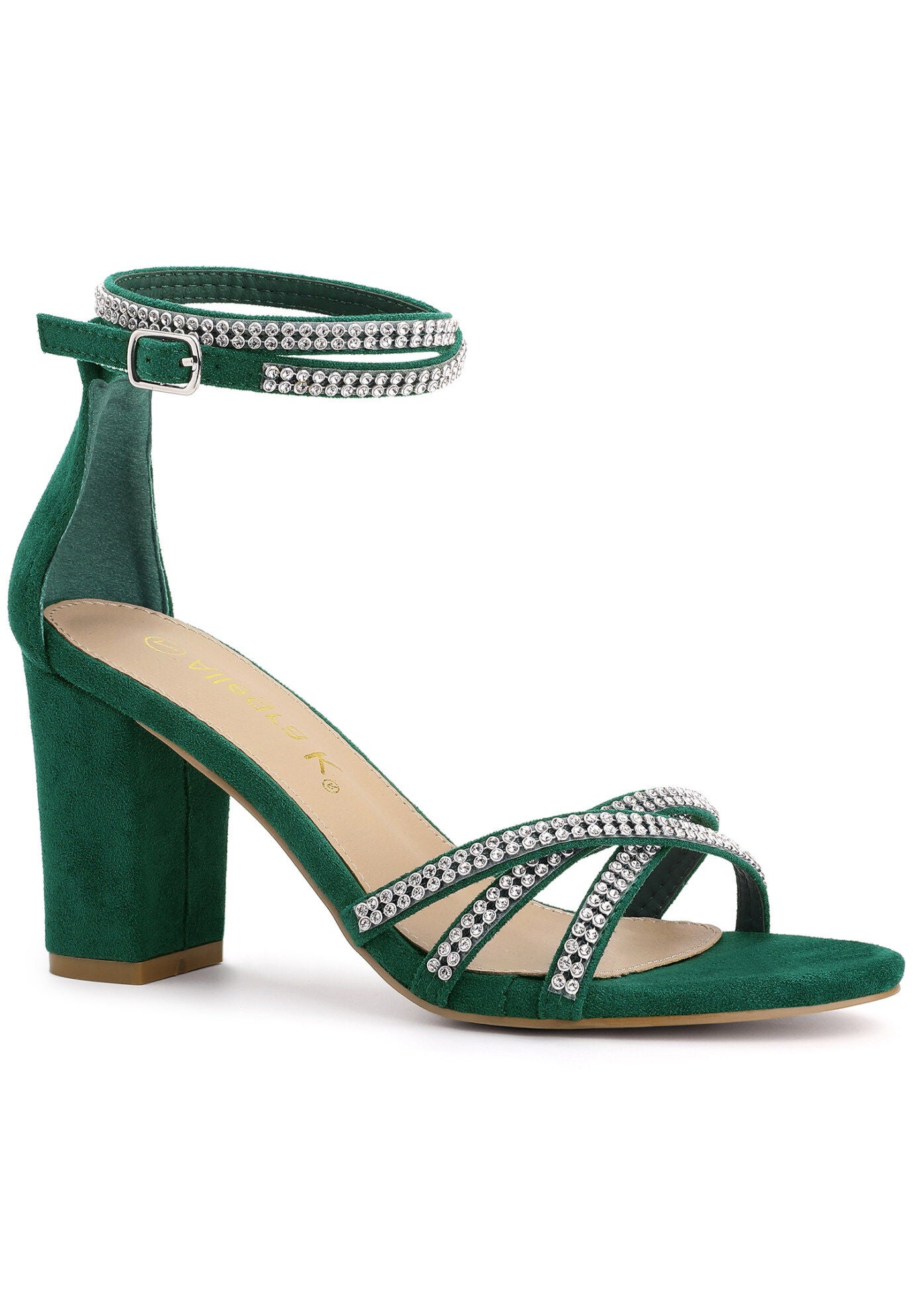 Rhinestones Strappy Chunky Heel Sandals, Dark Green / Forest Green, hi-res image number 0