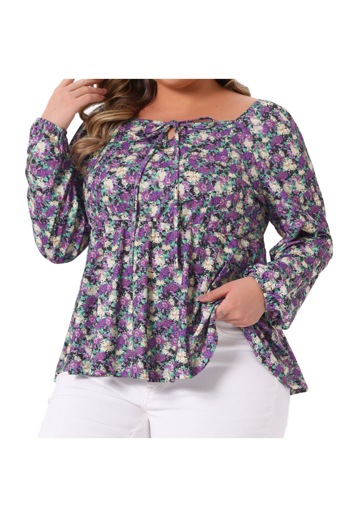 Sweetheart Neckline Long Sleeve Floral Peplum Top, Purple / Purple, alternate image number 2