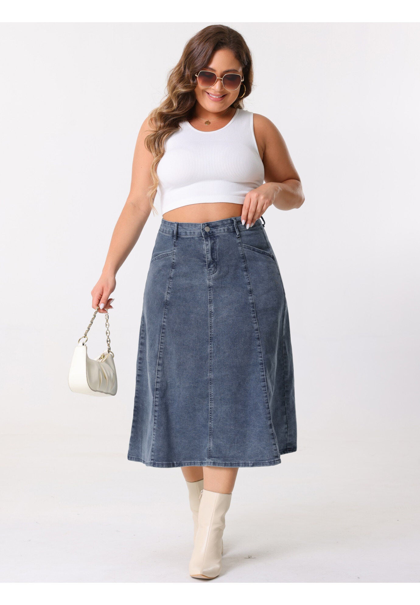Denim Vintage High Waist with Pockets A-Line Midi Jean Skirt, Grey Blue / Dusty Blue, hi-res image number 0