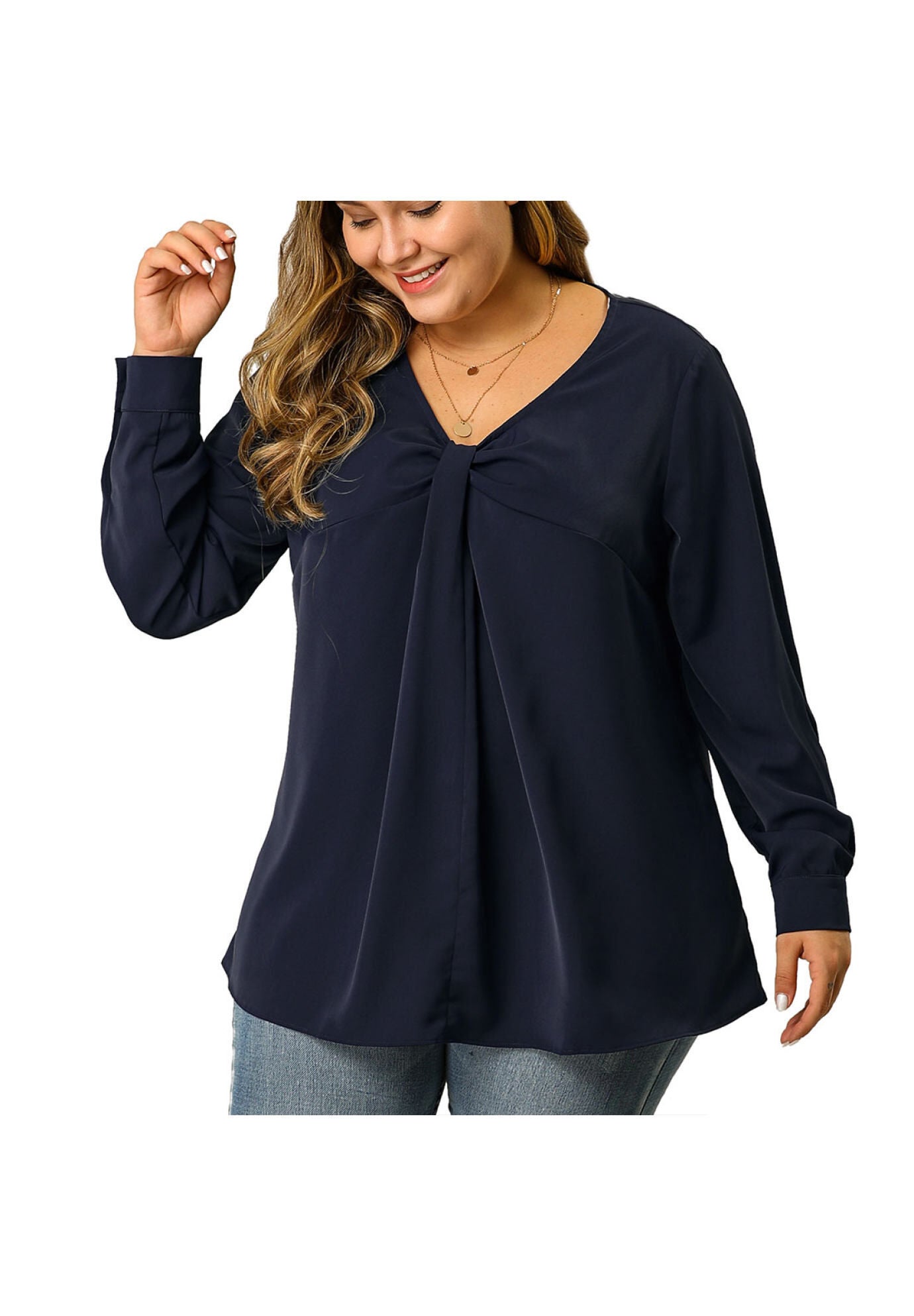 V NECK LONG SLEEVE TWIST KNOT TOP, Dark Blue / Navy, alternate image number 2