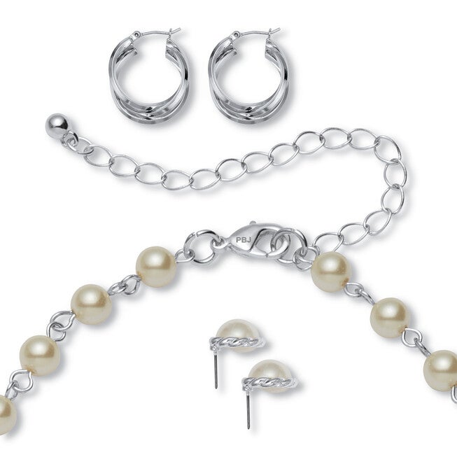 Silvertone Simulated Pearl Silvertone Graduated Jewelry Set, 18 inches, White / White, alternate image number 1