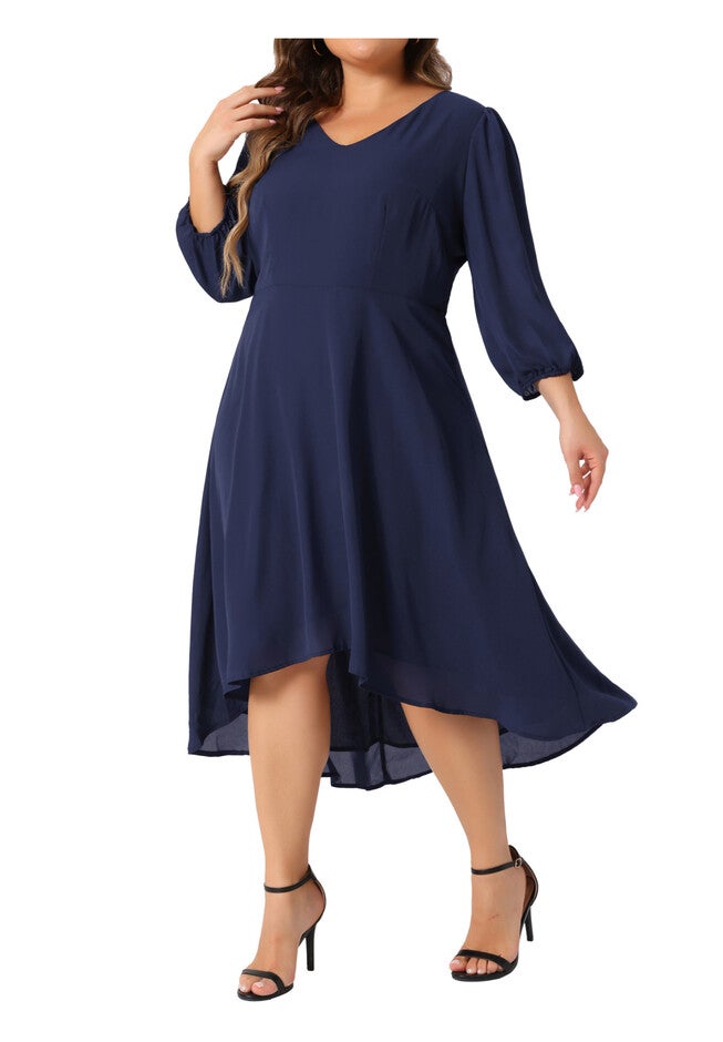 Chiffon V Neck 3/4 Sleeves A-Line Midi Wedding Guest Dress, Dark Blue / Navy, alternate image number 1