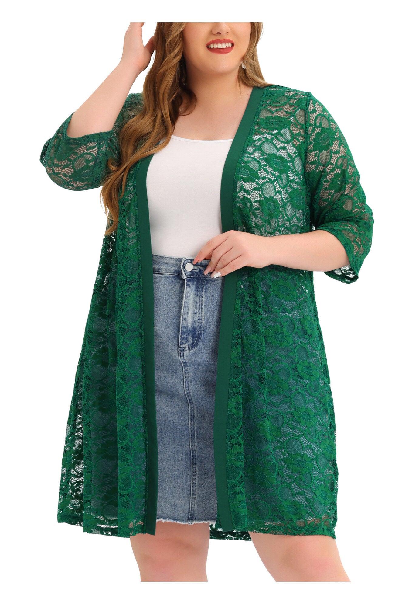 LACE CROCHET 3/4 SLEEVE COVER UP CARDIGAN, Green / Forest Green, hi-res image number 0