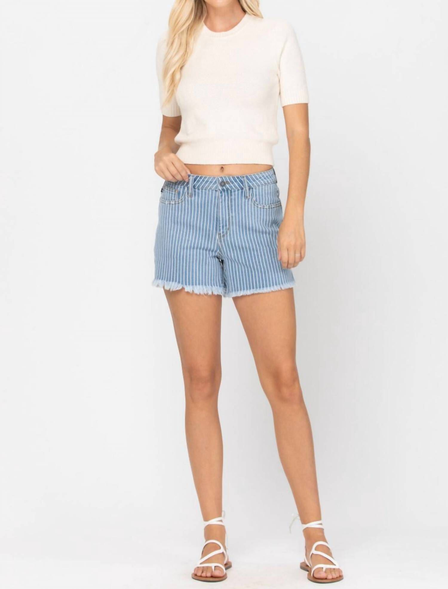 Striped Cut Off High Waist Shorts In Blue/White, , alternate image number 4