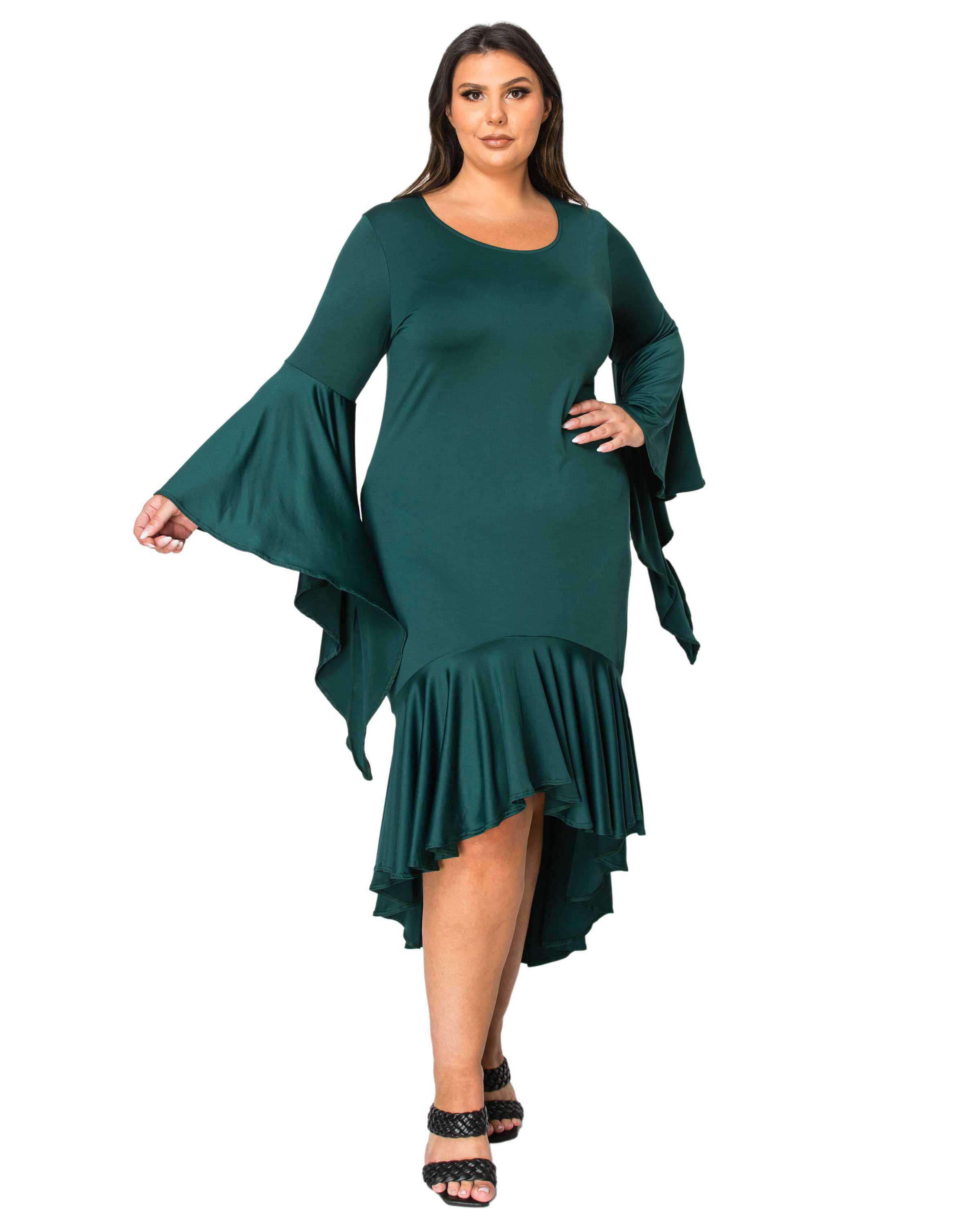 ARIELLE FLOWY MERMAID HEM DRESS, Hunter Green / Hunter Green, hi-res image number 0