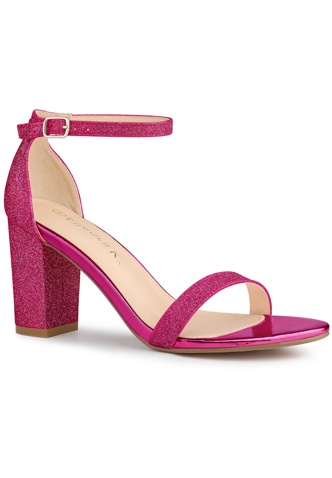 Glitter Ankle Strap Chunky Heels Sandals, Hot Pink / Pink, hi-res image number 0