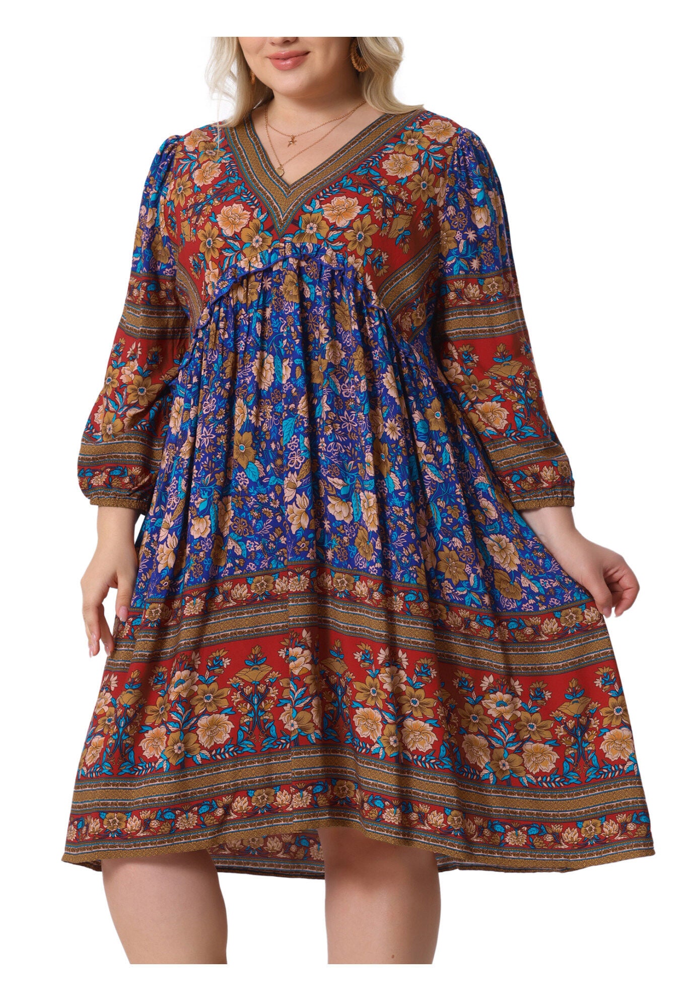 Boho Floral V Neck 3/4 Sleeve Mini Short Dress, Red Blue / Red, alternate image number 1