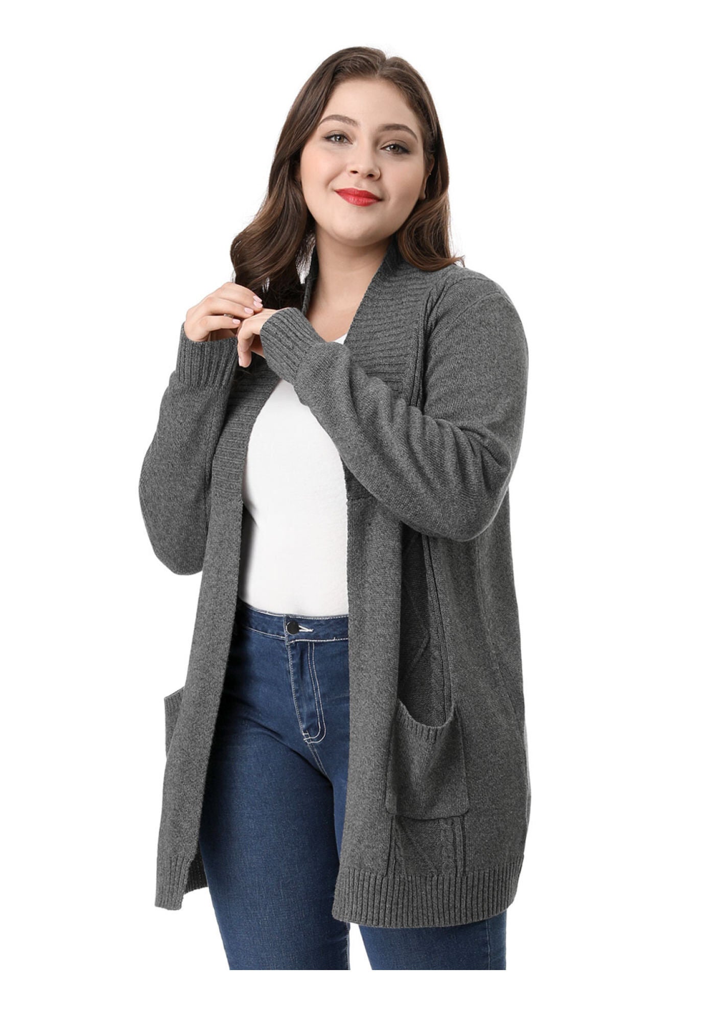 SHAWL COLLAR OPEN FRONT SWEATER CARDIGAN, Grey / Charcoal Grey, hi-res image number 0
