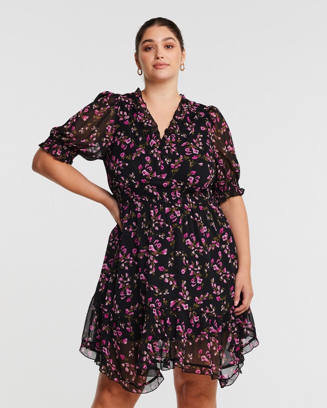 Tulip Garden Shirred Floral Mini Dress, BlackPinks / Black, alternate image number null