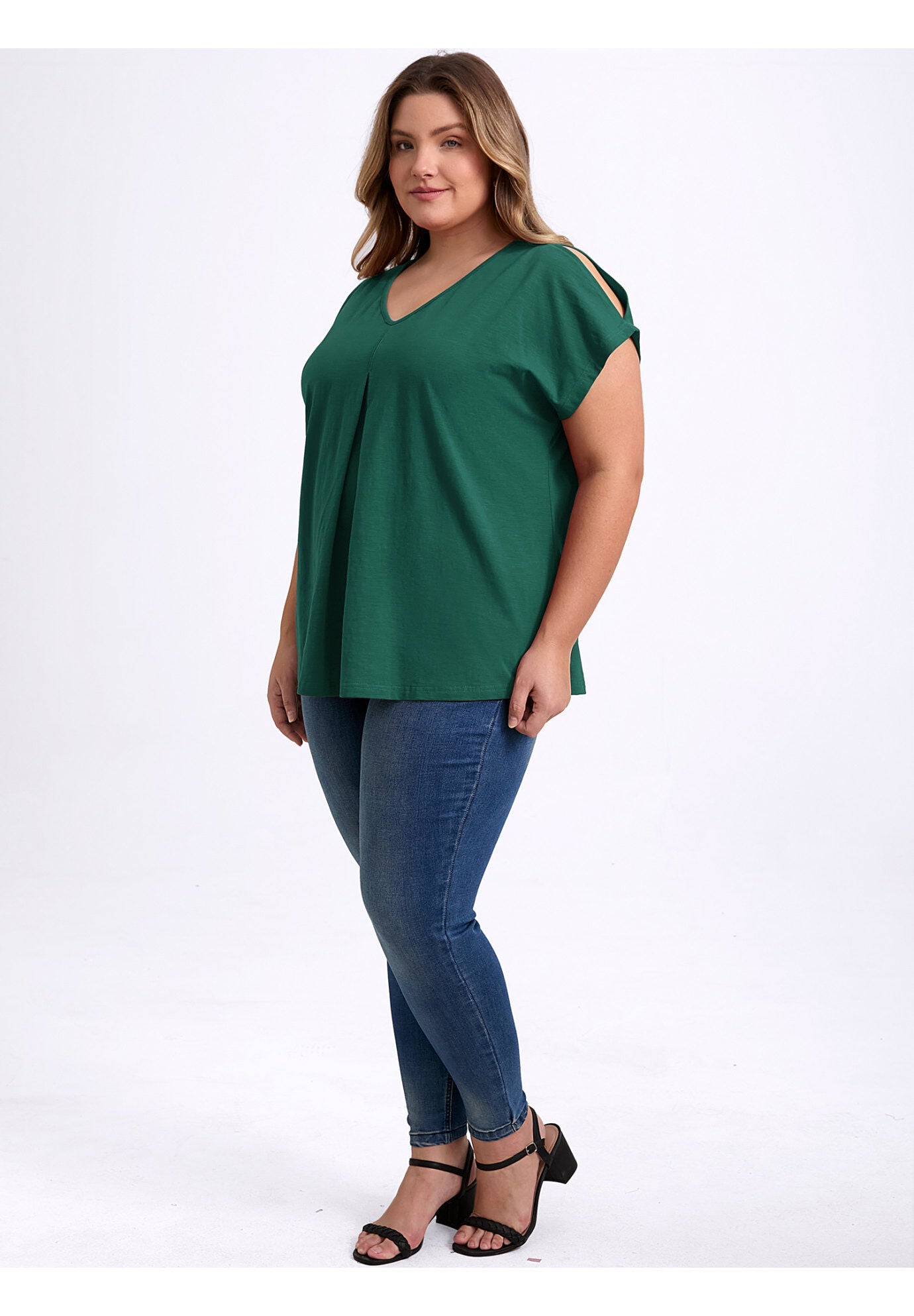 Front Pleated V Neck Slit Sleeve Blouses Cold Shoulder Casual Summer Tee Top, Dark Green / Forest Green, alternate image number 1