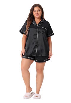 Satin Button Down Top Shorts Lounge Sets with Pocket
