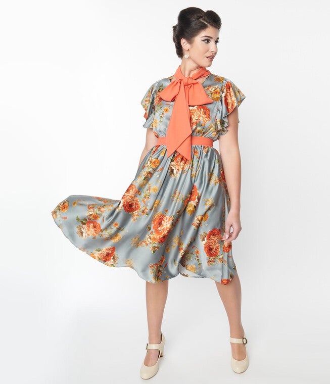 Unique Vintage Antique Blue & Orange Floral Satin Swing Dress, Blue Orange Floral / Dusty Blue, alternate image number null