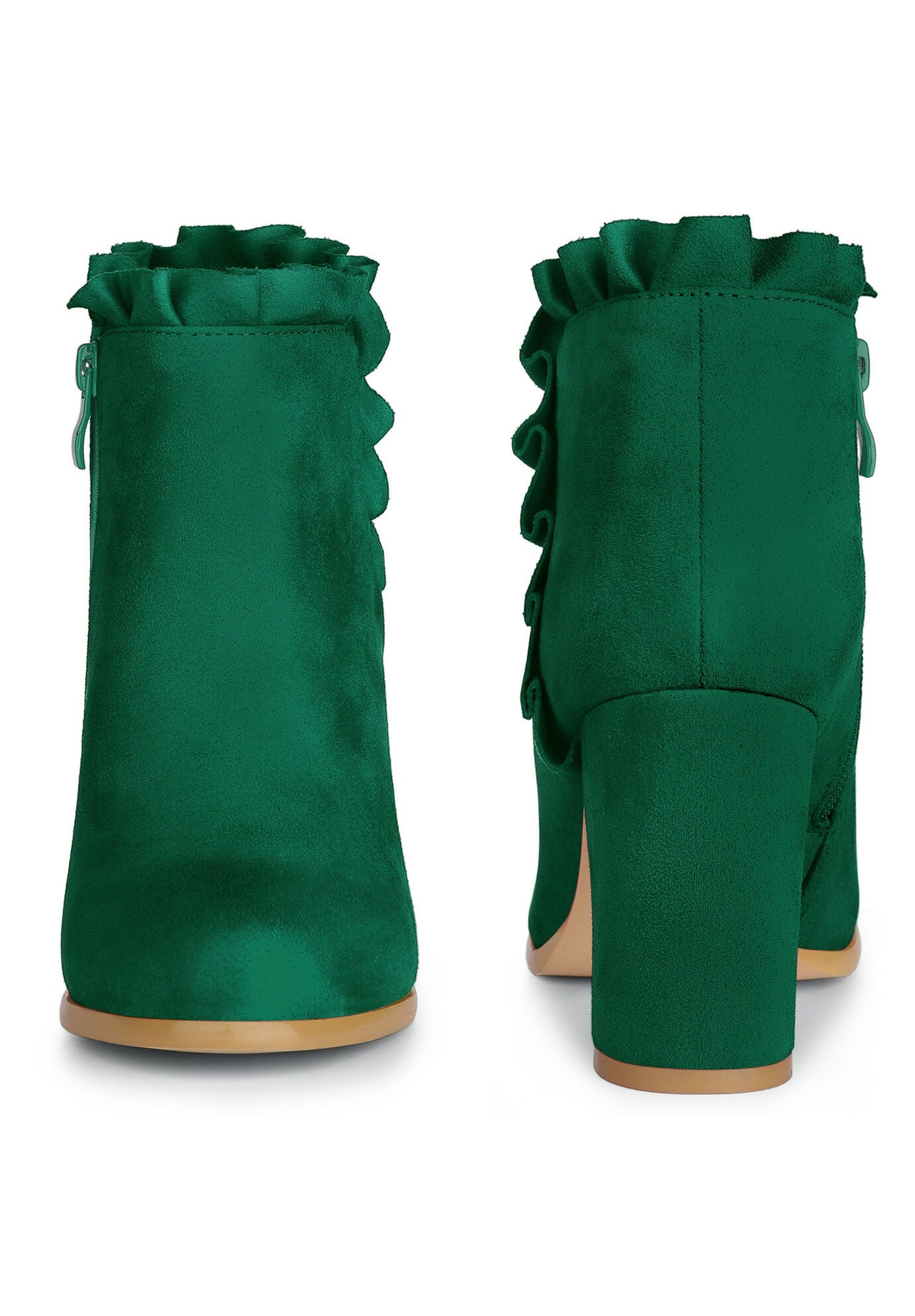 Ruffle Chunky Heel Booties Ankle Boots, Emerald Green / Forest Green, alternate image number 1