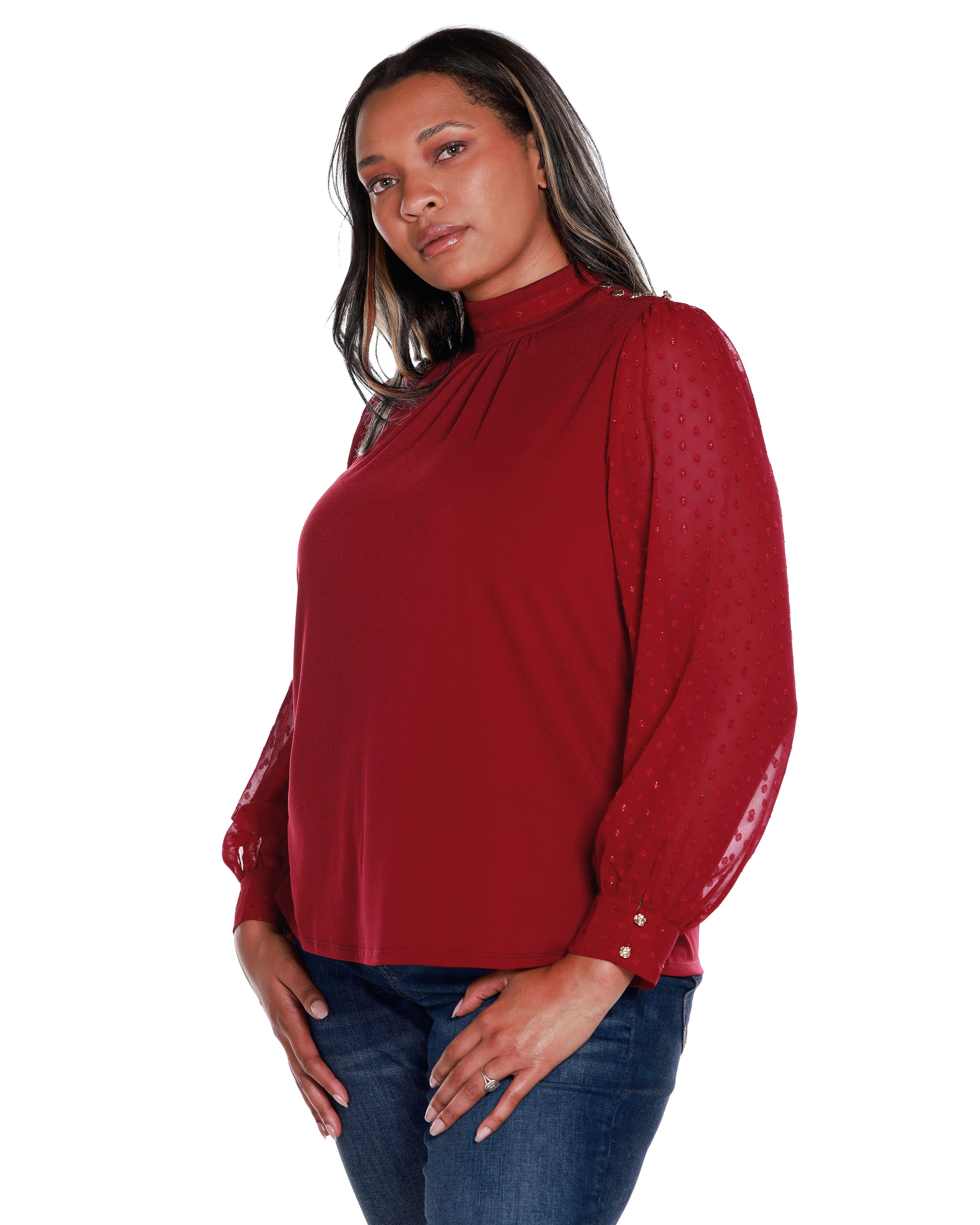 CLIP-DOT CHIFFON SLEEVE KNIT BLOUSE, Cranberry / New Wine, alternate image number 2