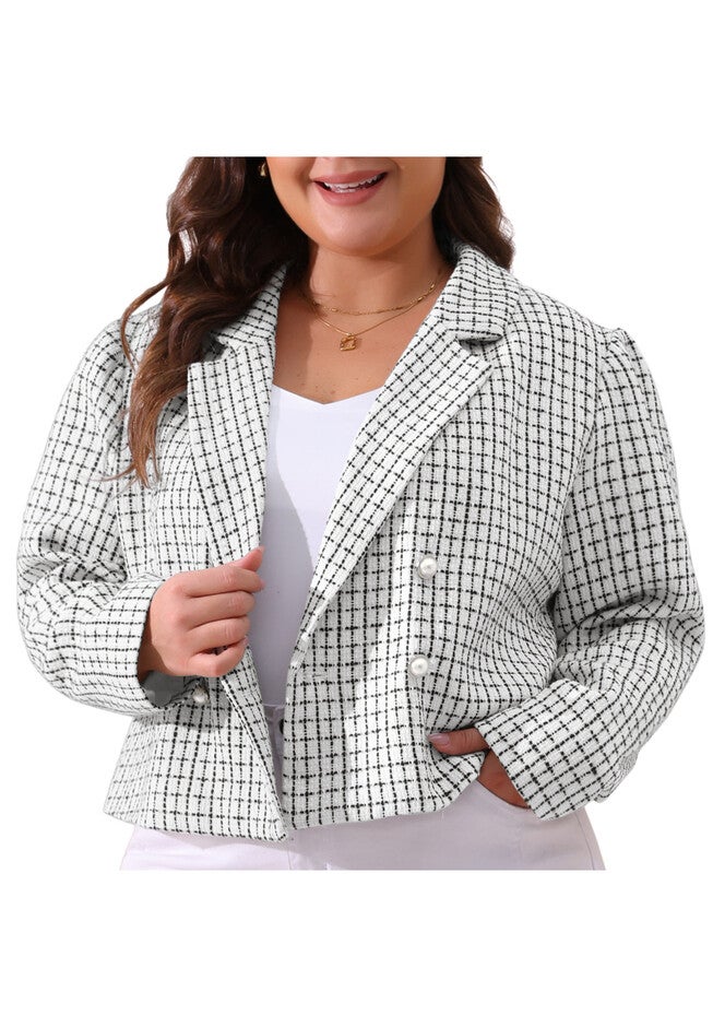 NOTCHED LAPEL CROP PLAID TWEED BLAZER, White / White, alternate image number 1
