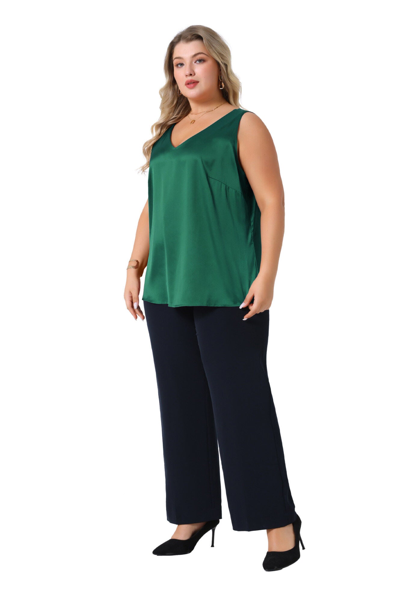 Satin Tank Top V Neck Casual Sleeveless Cami, Dark Green / Hunter Green, hi-res image number 0