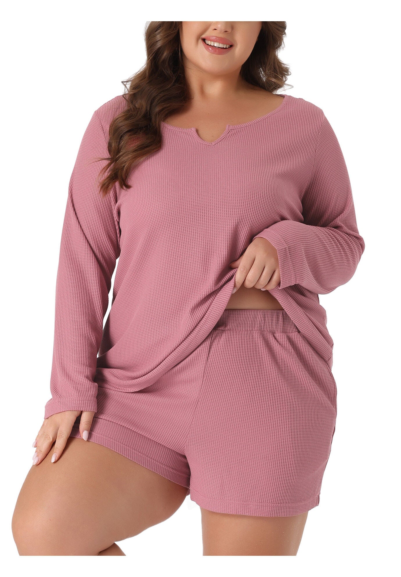 Waffle 2 Piece Long Sleeved Top and Shorts Pajama Sweatsuits Set, Dark Pink / Deep Fuchsia, alternate image number 2