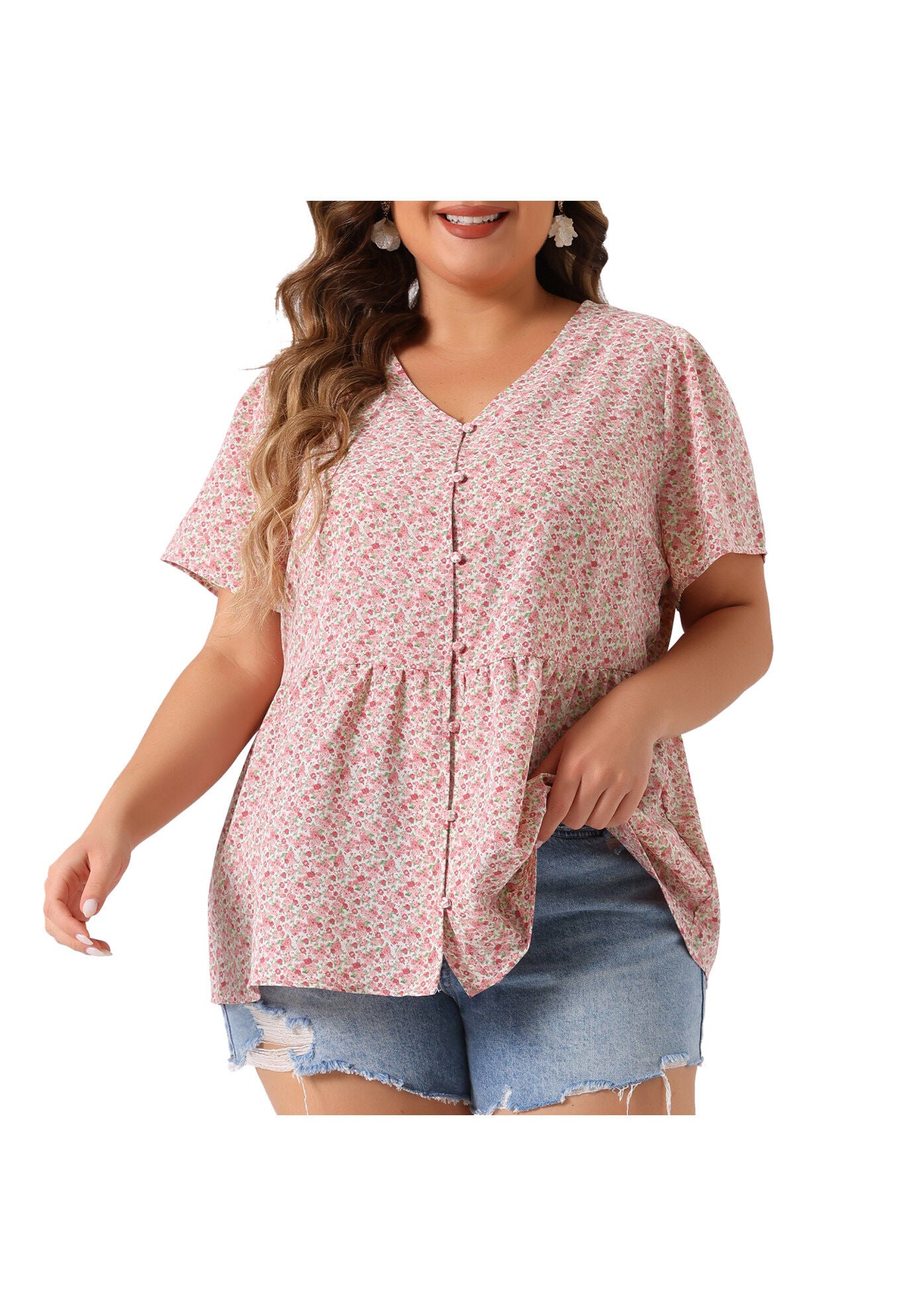 Chiffon Shirt V Neck Ruffle Short Sleeve Floral Peplum Top, Pink / Pink, alternate image number 1