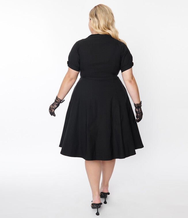 Unique Vintage Black Button Swing Dress, Black / Black, alternate image number 1