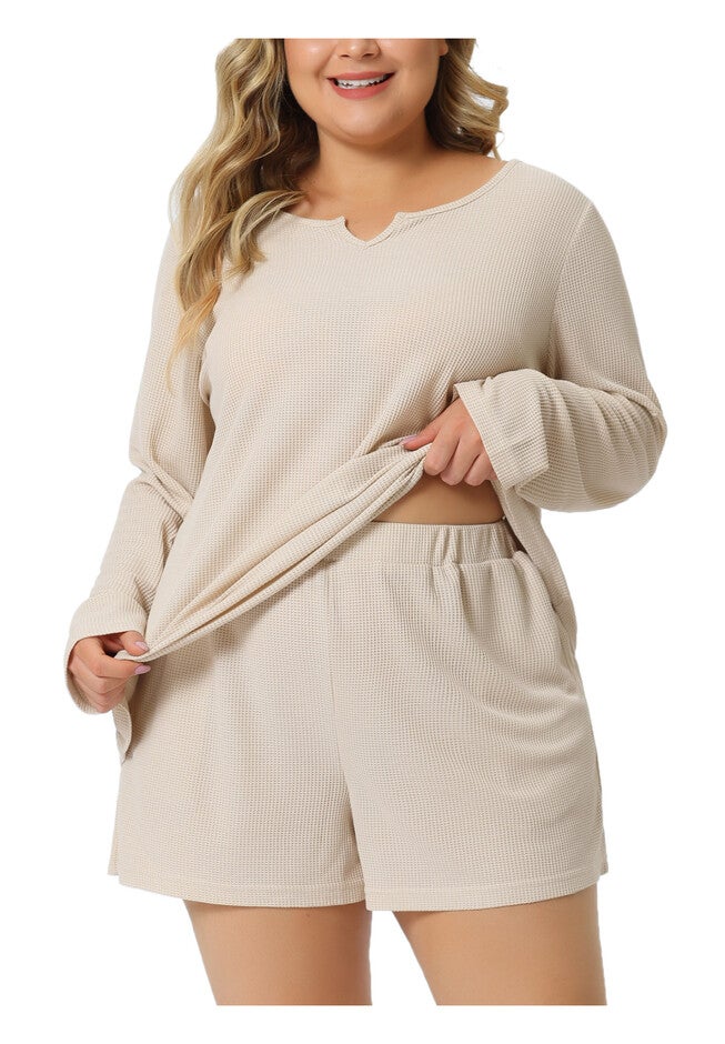 Waffle 2 Piece Long Sleeved Top and Shorts Pajama Sweatsuits Set, Beige / Beige, alternate image number 2