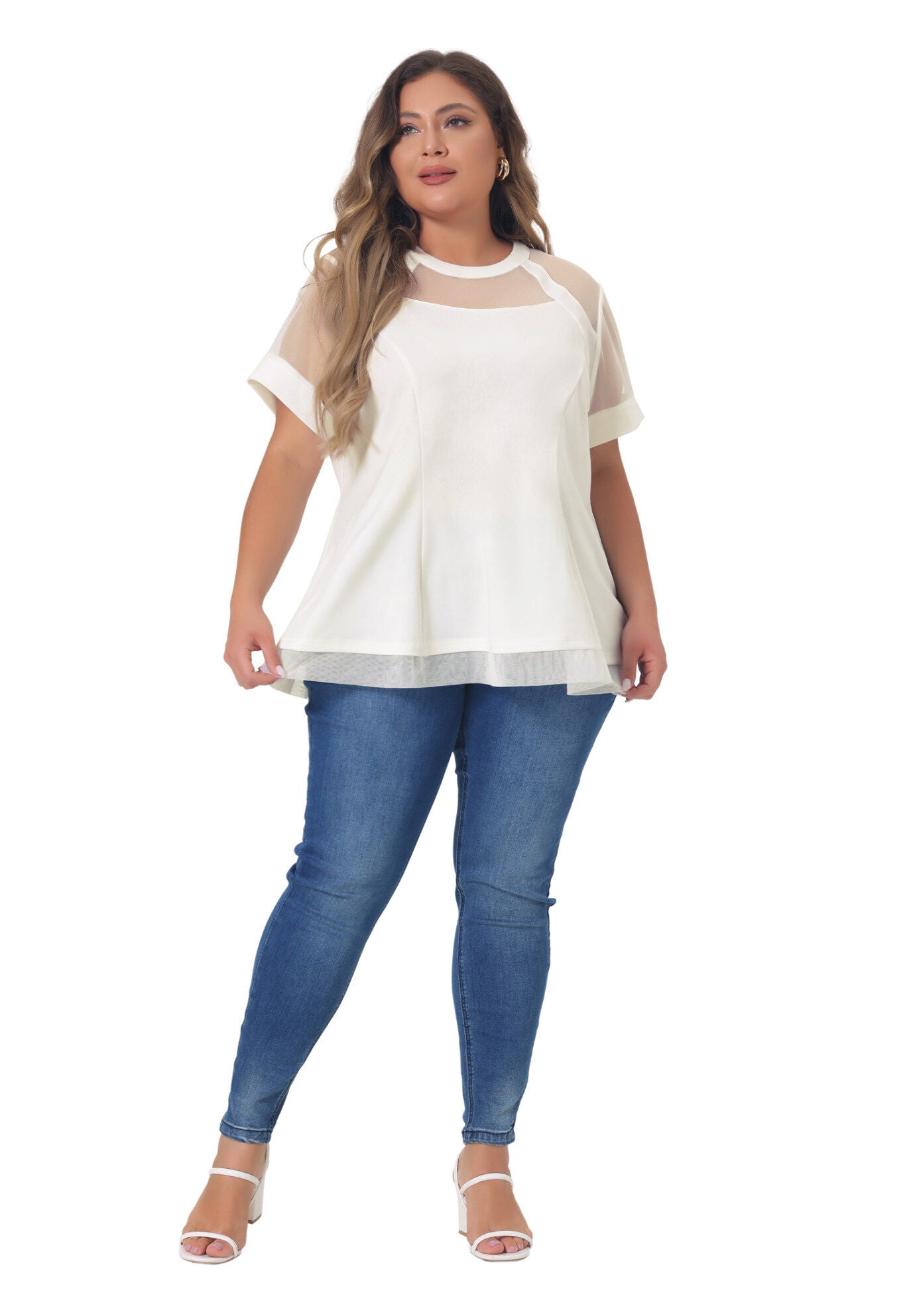 ROUND NECK SHORT SLEEVE MESH SHEER SUMMER PEPLUM TOP, White / White, hi-res image number 0